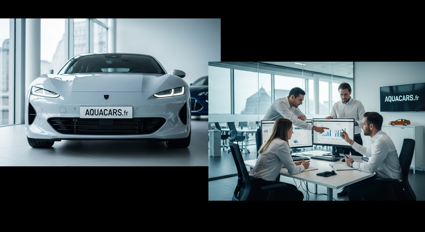 Vue d'ensemble d'un véhicule moderne arborant une plaque d'immatriculation personnalisée avec le nom d'une entreprise.